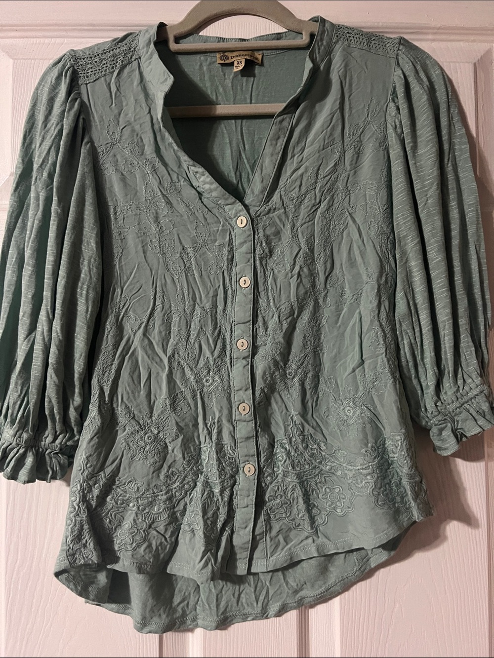 Democracy Sage Green Embroidered Button-Down Shirt